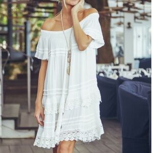 Surf Gypsy White Tiered Off Shoulder Dress with Lace Crochet Trim